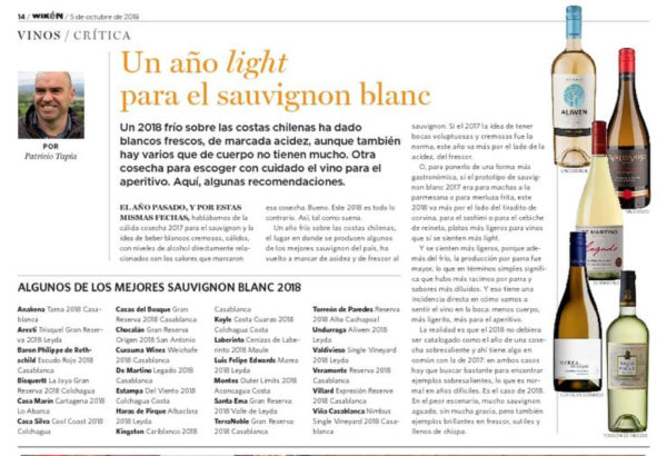 Our Reserva,Sauvignon Blanc 2018 recognized at Wikén Magazine