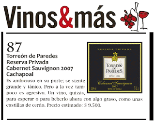 Reserva Privada Cabernet Sauvignon 2007 con 87 puntos en Vinos & Más