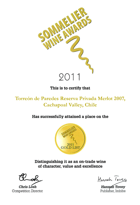 Reserva Privada Merlot 2007, Orgulloso ganador de la MEDALLA DE ORO