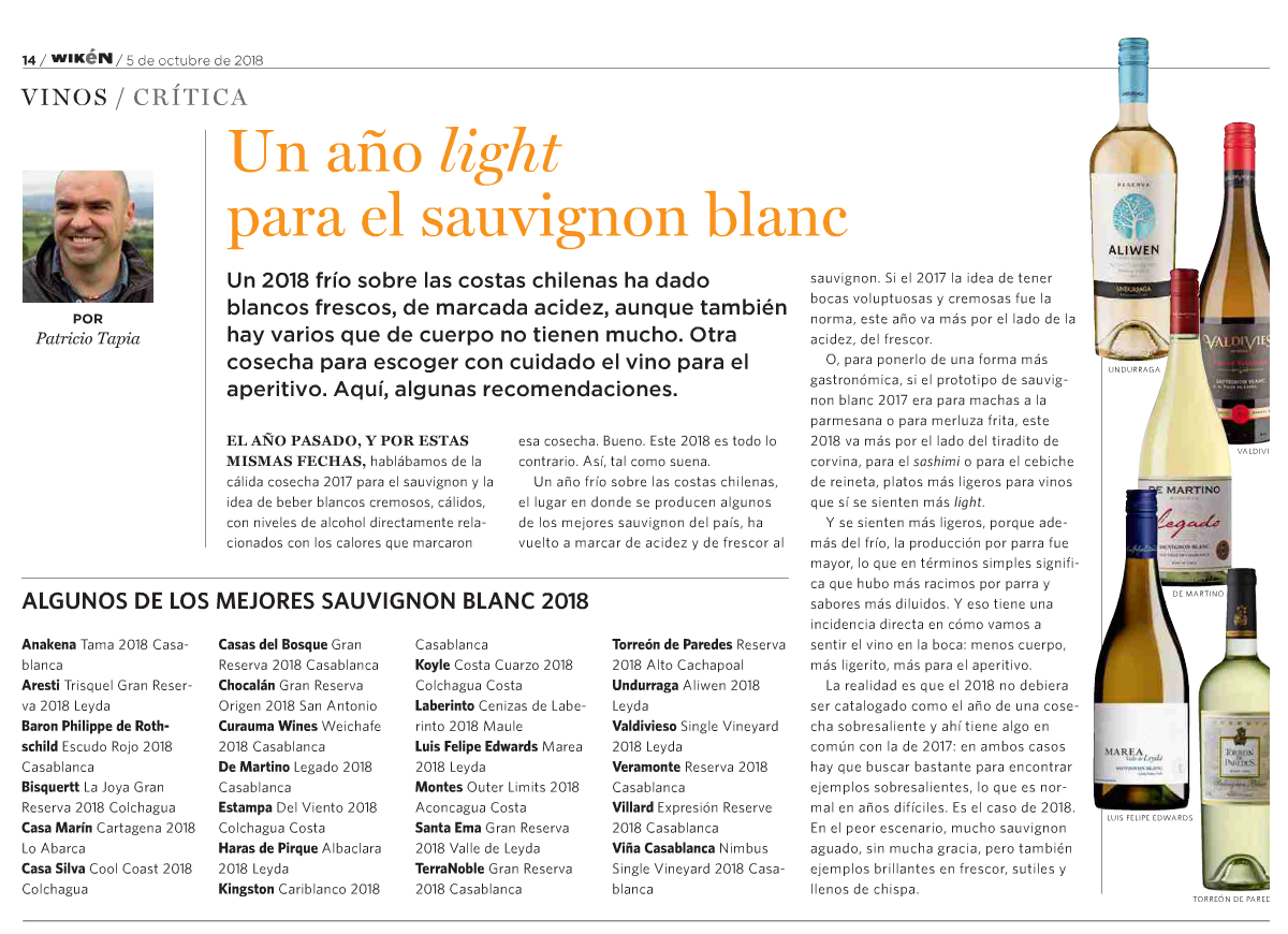Sauvignon Blanc Reserva, destacado dentro de los mejores del año